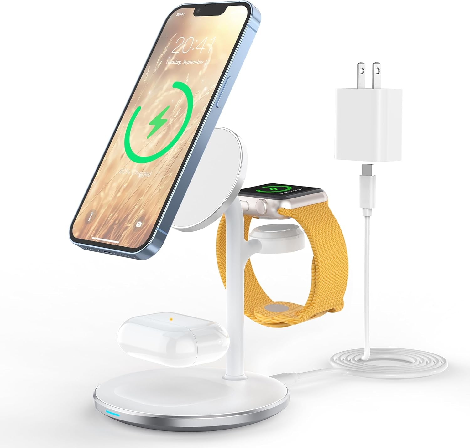 3 in 1 Wireless Charging Station for Apple Devices, 15W Fast Wireless Mag-Safe Charger Stand with 20W Adapter for Iphone 17 16 15 14 13 12 Pro Max/Air/Plus/Pro/Mini,Iwatch,Airpods (White)