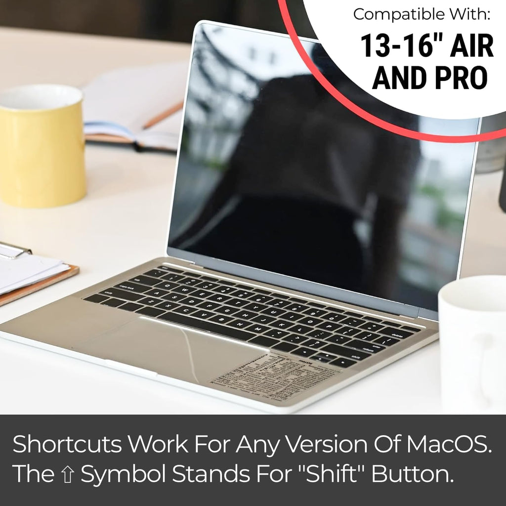 Mac OS Shortcuts Sticker | Keyboard Stickers for Macos | Laminated Vinyl Macbook Cheatsheet for Laptop | Macbook Shortcuts 2025 (Clear/Black)