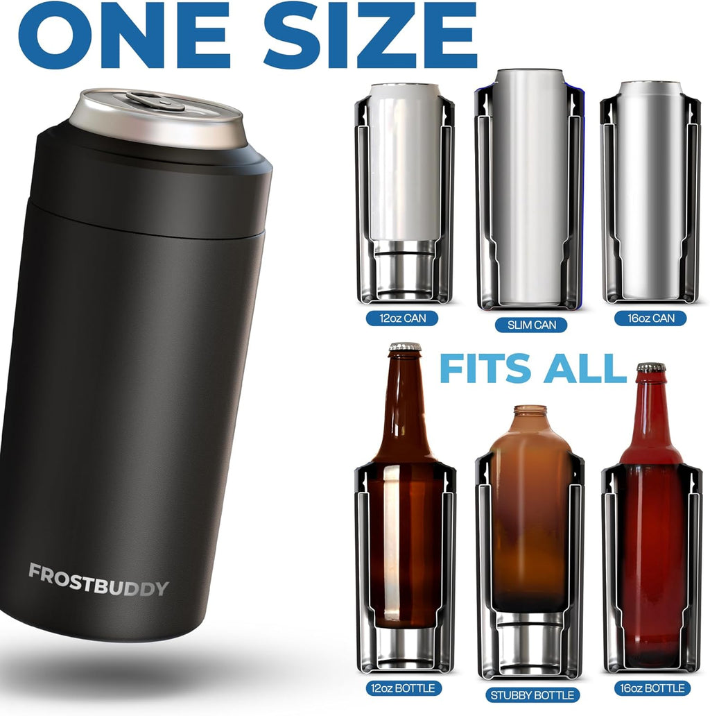 Universal Buddy Can Cooler - Fits All - for Regular 12 & 16 Oz or Slim-Size Bottles - Insulated Double -Walled Stainless Steel (All White)