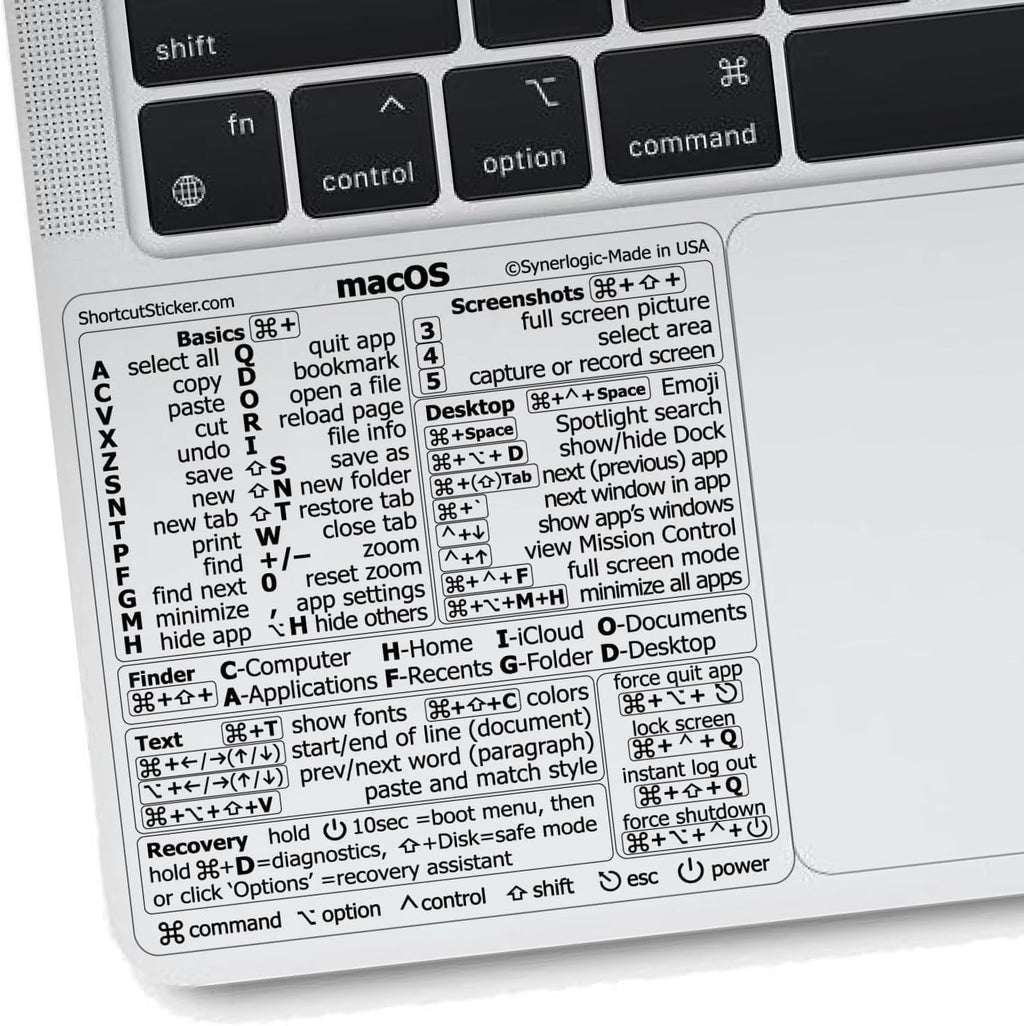 Mac OS Shortcuts Sticker | Keyboard Stickers for Macos | Laminated Vinyl Macbook Cheatsheet for Laptop | Macbook Shortcuts 2025 (Clear/Black)