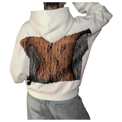 Womens Hoodies Backless See Through Sexy Hollow Mesh Back Oversized Long Sleeve Y2K Sweatshirts Streetwear Hoodie