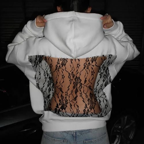 Womens Hoodies Backless See Through Sexy Hollow Mesh Back Oversized Long Sleeve Y2K Sweatshirts Streetwear Hoodie