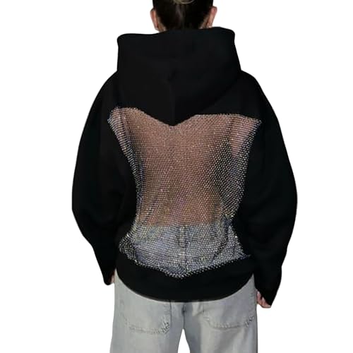 Womens Hoodies Backless See Through Sexy Hollow Mesh Back Oversized Long Sleeve Y2K Sweatshirts Streetwear Hoodie