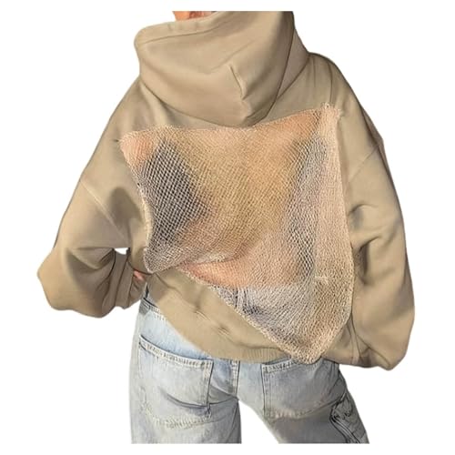 Womens Hoodies Backless See Through Sexy Hollow Mesh Back Oversized Long Sleeve Y2K Sweatshirts Streetwear Hoodie