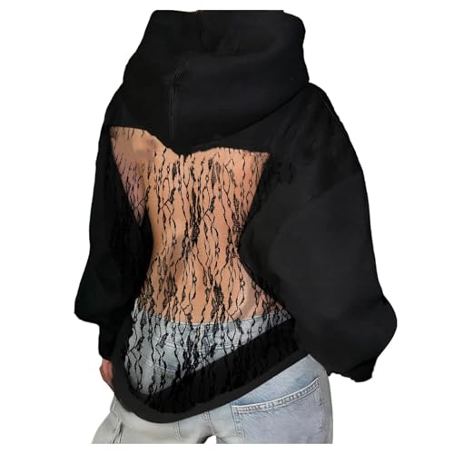 Womens Hoodies Backless See Through Sexy Hollow Mesh Back Oversized Long Sleeve Y2K Sweatshirts Streetwear Hoodie