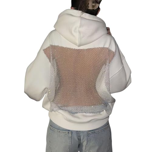 Womens Hoodies Backless See Through Sexy Hollow Mesh Back Oversized Long Sleeve Y2K Sweatshirts Streetwear Hoodie