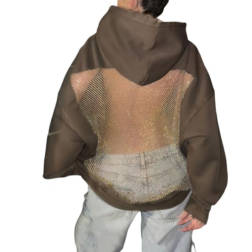 Womens Hoodies Backless See Through Sexy Hollow Mesh Back Oversized Long Sleeve Y2K Sweatshirts Streetwear Hoodie