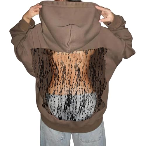 Womens Hoodies Backless See Through Sexy Hollow Mesh Back Oversized Long Sleeve Y2K Sweatshirts Streetwear Hoodie