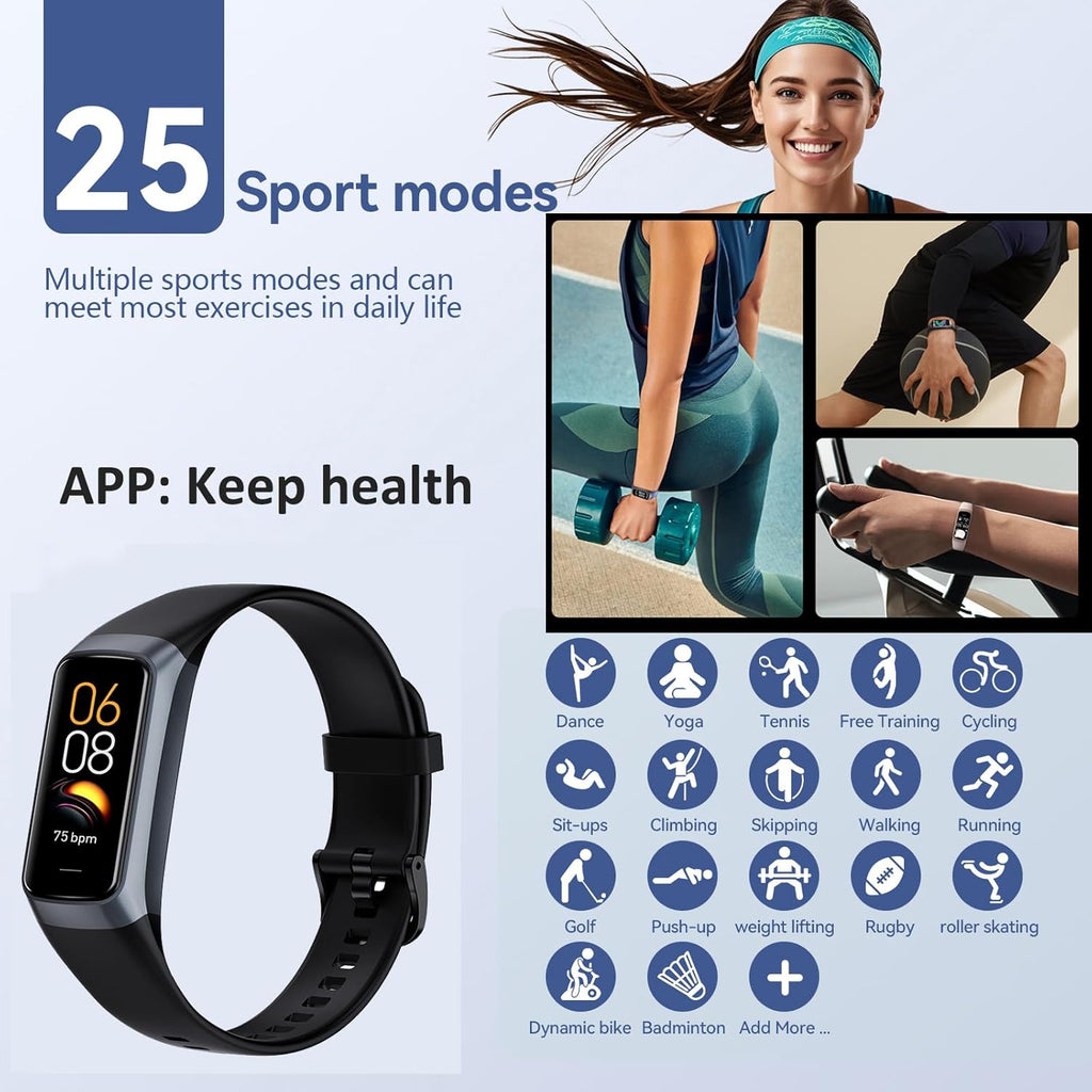Health and Fitness Tracker Watch for Men and Women - AMOLED Display, Step Counter, 25 Sports Modes, Heart Rate and Blood Pressure Monitor, Alarm, Stopwatch, Timer, Calorie Tracker, IP68 Waterproof