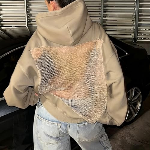 Womens Hoodies Backless See Through Sexy Hollow Mesh Back Oversized Long Sleeve Y2K Sweatshirts Streetwear Hoodie