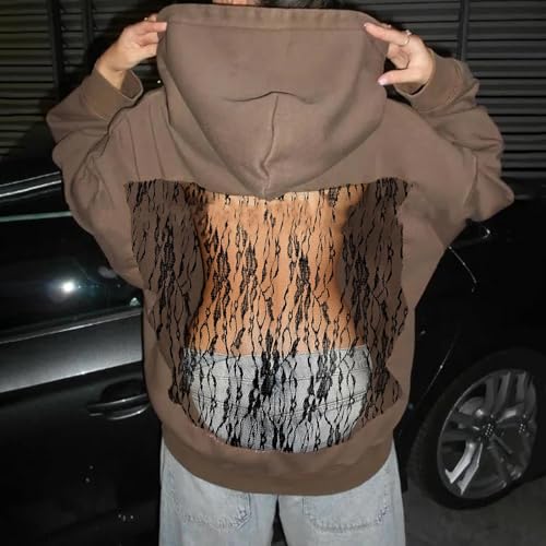 Womens Hoodies Backless See Through Sexy Hollow Mesh Back Oversized Long Sleeve Y2K Sweatshirts Streetwear Hoodie