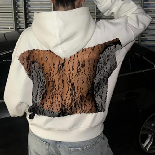 Womens Hoodies Backless See Through Sexy Hollow Mesh Back Oversized Long Sleeve Y2K Sweatshirts Streetwear Hoodie