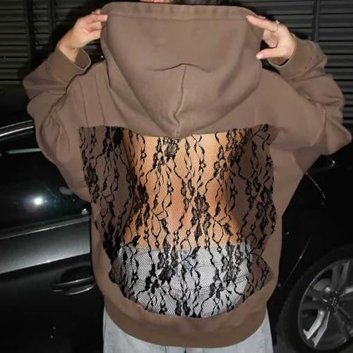 Womens Hoodies Backless See Through Sexy Hollow Mesh Back Oversized Long Sleeve Y2K Sweatshirts Streetwear Hoodie