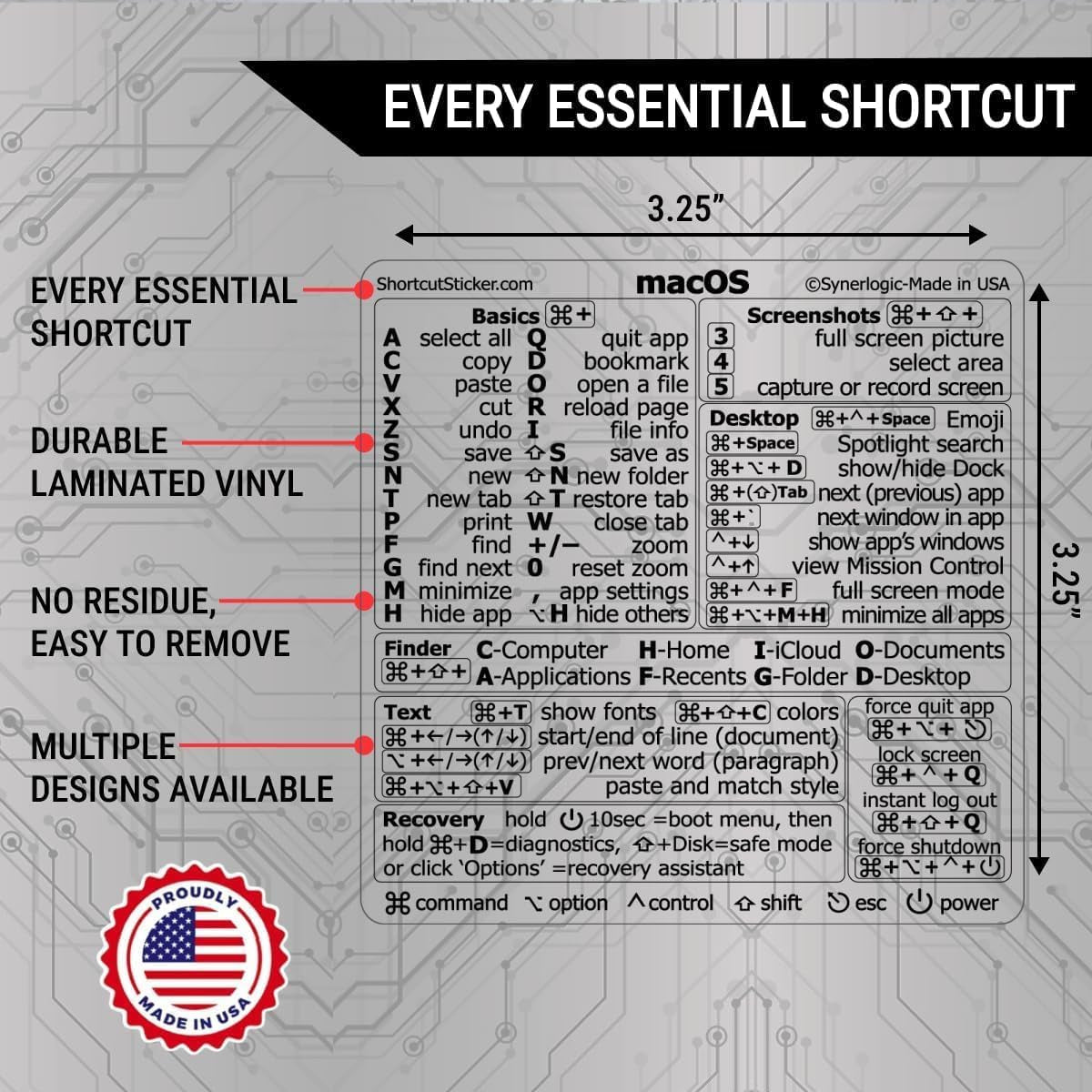 Mac OS Shortcuts Sticker | Keyboard Stickers for Macos | Laminated Vinyl Macbook Cheatsheet for Laptop | Macbook Shortcuts 2025 (Clear/Black)
