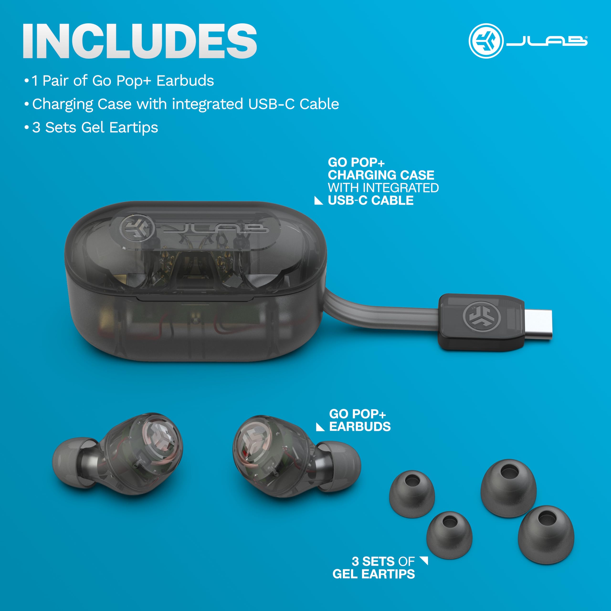 JLab Go Air Pop+ True Wireless Earbuds, in Ear Headphones, Bluetooth Earphones, 35H Playtime Ear Buds, Bluetooth Earbuds with Microphone, USB-C Charging Case, Dual Connect, EQ3 Sound, Light Blue