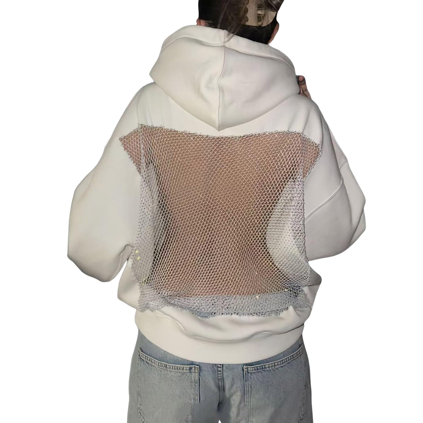 Womens Hoodies Backless See Through Sexy Hollow Mesh Back Oversized Long Sleeve Y2K Sweatshirts Streetwear Hoodie