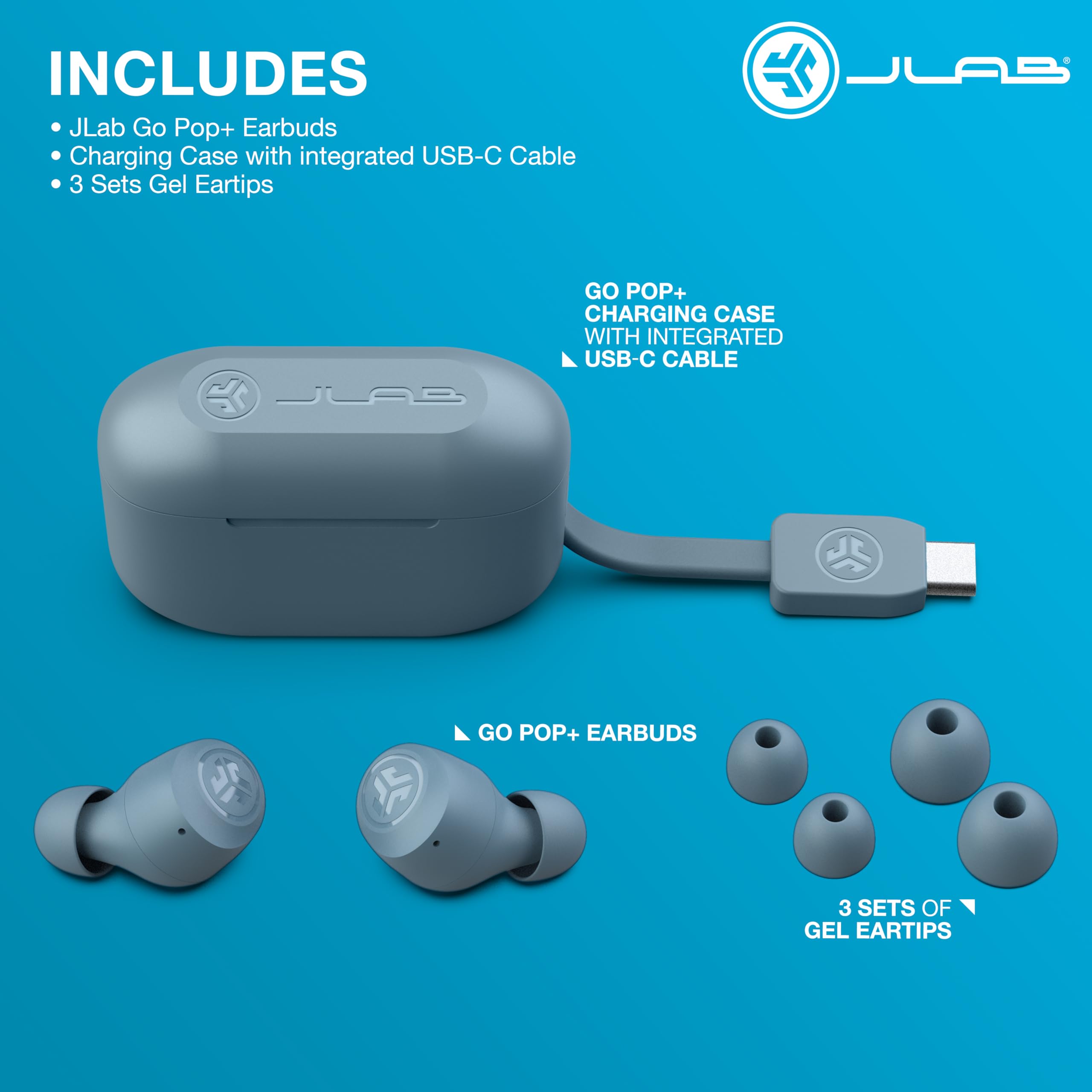 JLab Go Air Pop+ True Wireless Earbuds, in Ear Headphones, Bluetooth Earphones, 35H Playtime Ear Buds, Bluetooth Earbuds with Microphone, USB-C Charging Case, Dual Connect, EQ3 Sound, Light Blue