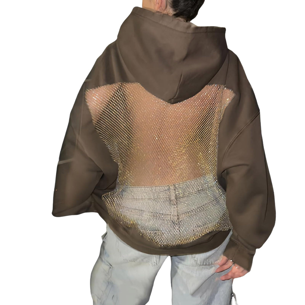 Womens Hoodies Backless See Through Sexy Hollow Mesh Back Oversized Long Sleeve Y2K Sweatshirts Streetwear Hoodie