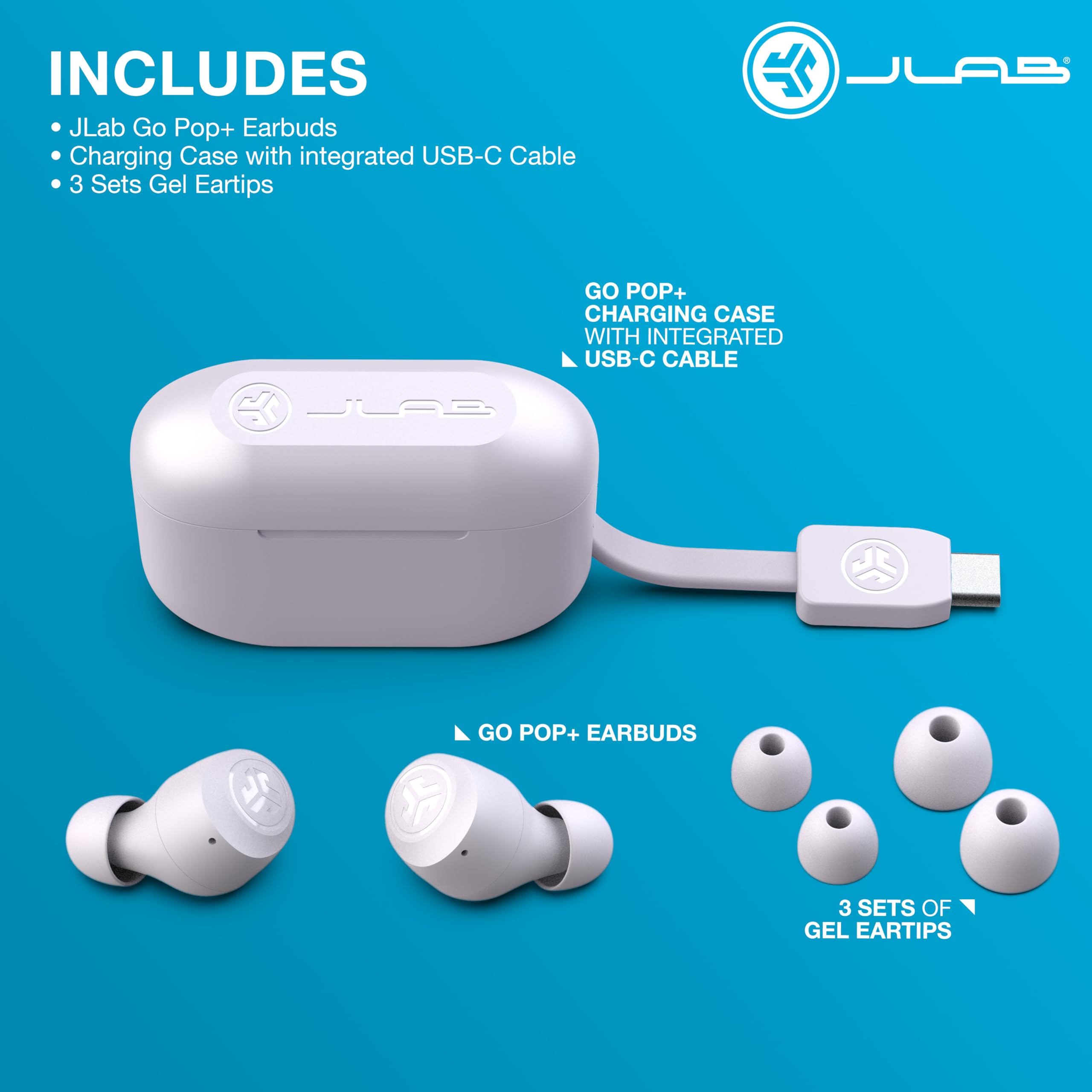 JLab Go Air Pop+ True Wireless Earbuds, in Ear Headphones, Bluetooth Earphones, 35H Playtime Ear Buds, Bluetooth Earbuds with Microphone, USB-C Charging Case, Dual Connect, EQ3 Sound, Light Blue