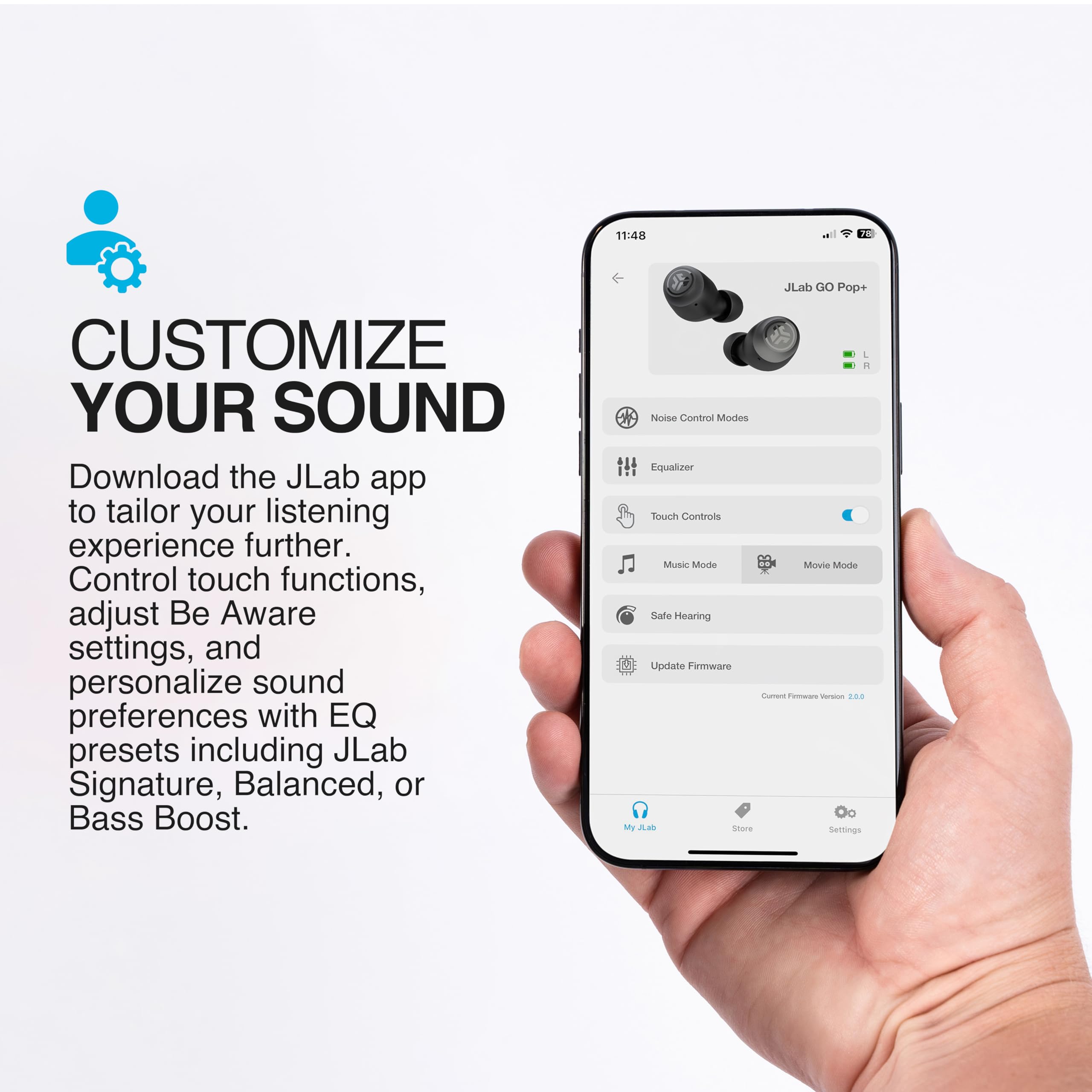 JLab Go Air Pop+ True Wireless Earbuds, in Ear Headphones, Bluetooth Earphones, 35H Playtime Ear Buds, Bluetooth Earbuds with Microphone, USB-C Charging Case, Dual Connect, EQ3 Sound, Light Blue