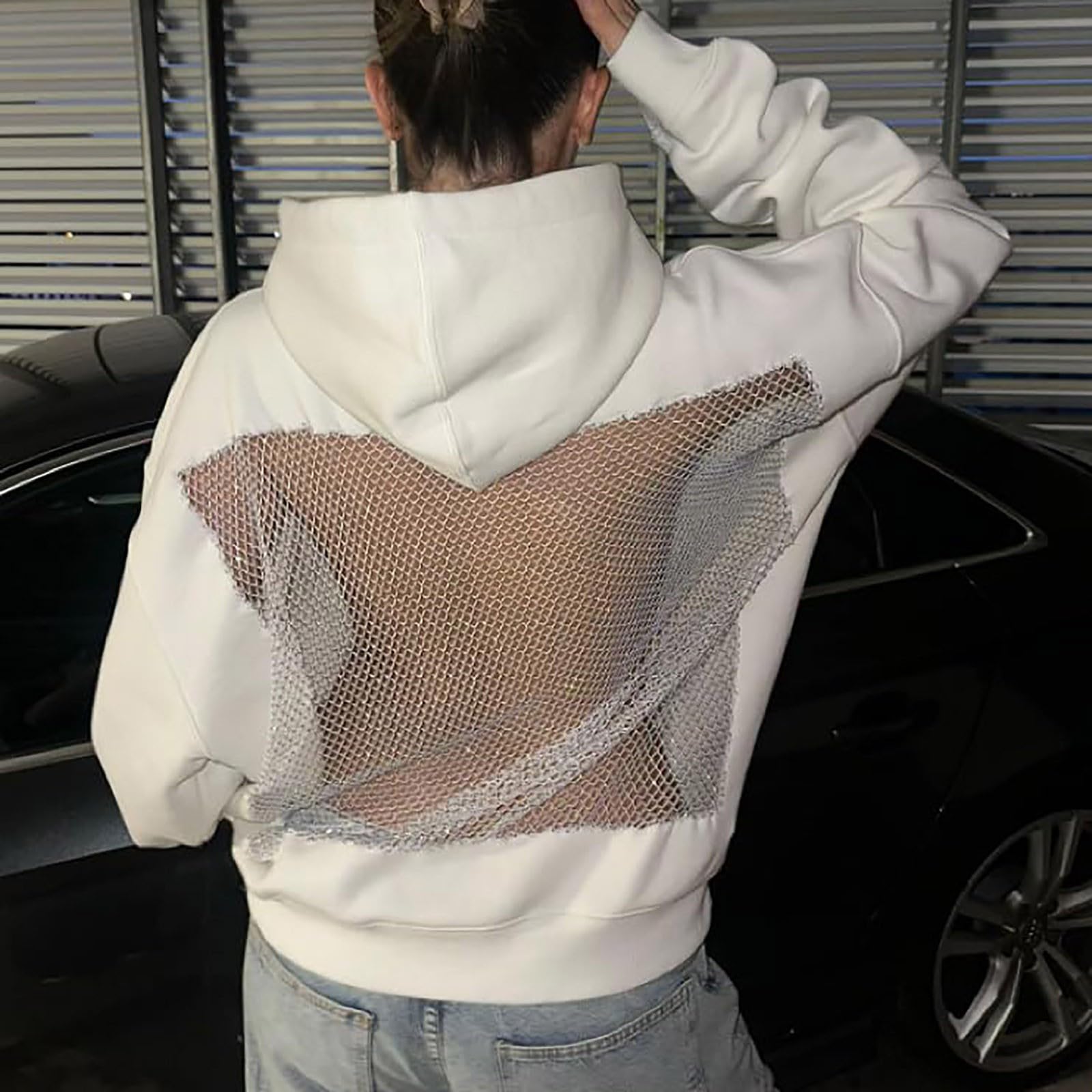 Womens Hoodies Backless See Through Sexy Hollow Mesh Back Oversized Long Sleeve Y2K Sweatshirts Streetwear Hoodie