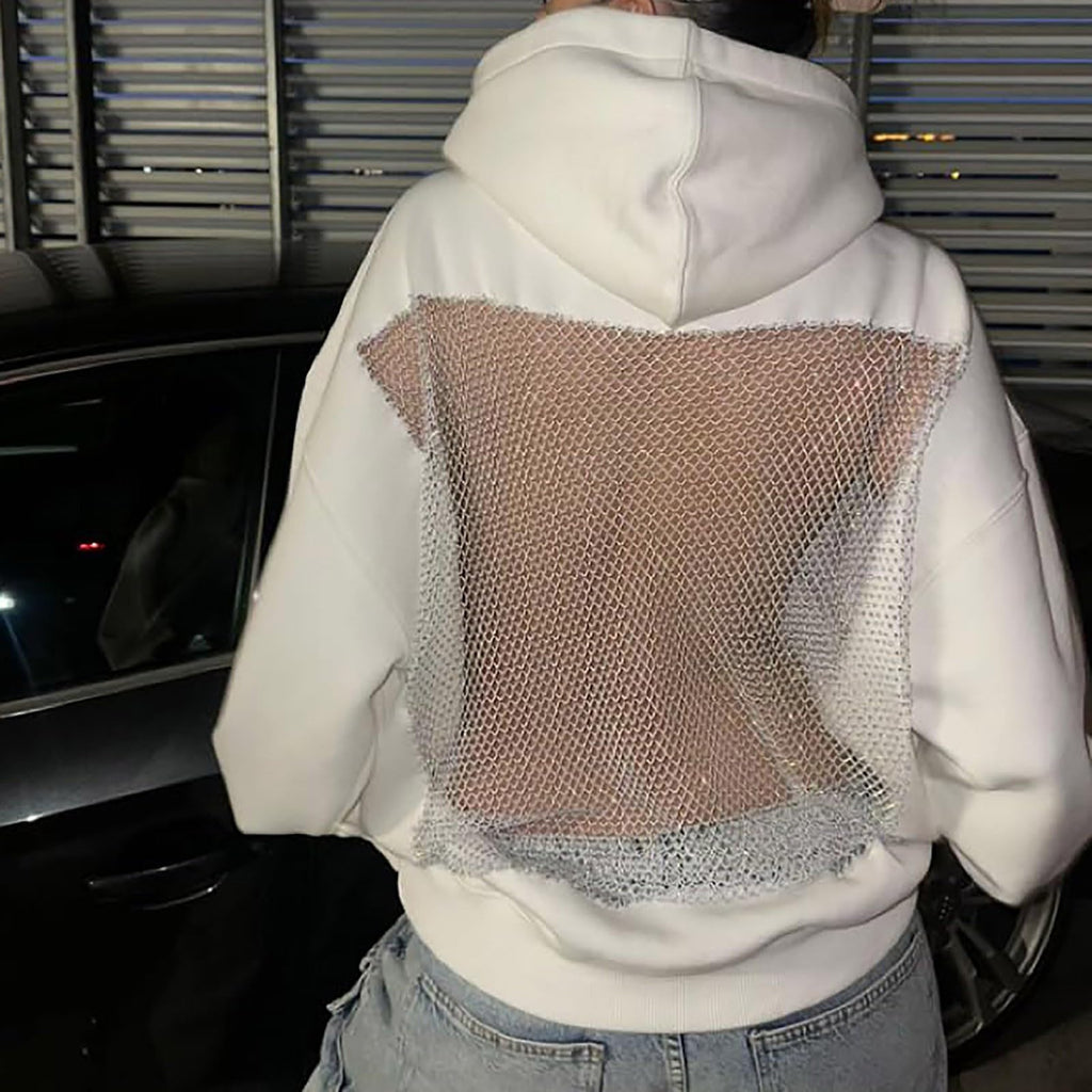 Womens Hoodies Backless See Through Sexy Hollow Mesh Back Oversized Long Sleeve Y2K Sweatshirts Streetwear Hoodie