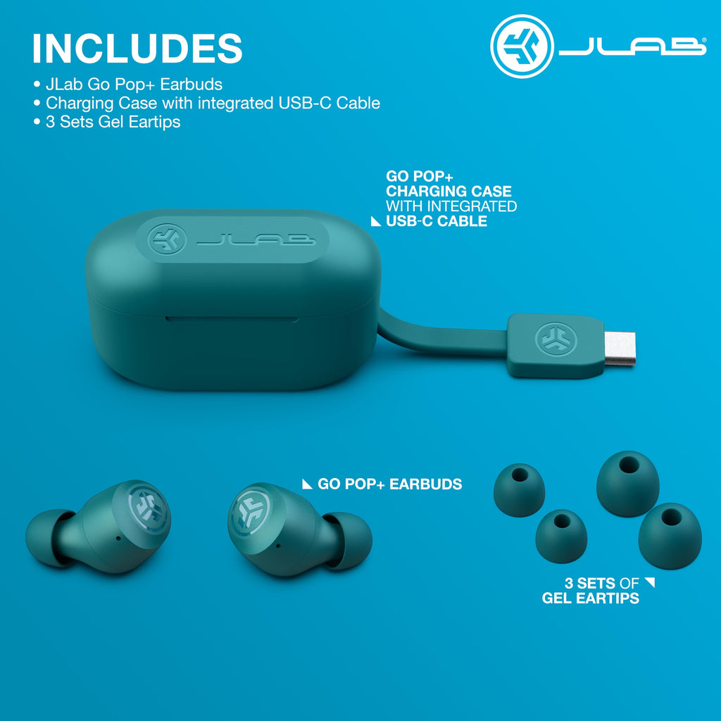 JLab Go Air Pop+ True Wireless Earbuds, in Ear Headphones, Bluetooth Earphones, 35H Playtime Ear Buds, Bluetooth Earbuds with Microphone, USB-C Charging Case, Dual Connect, EQ3 Sound, Light Blue