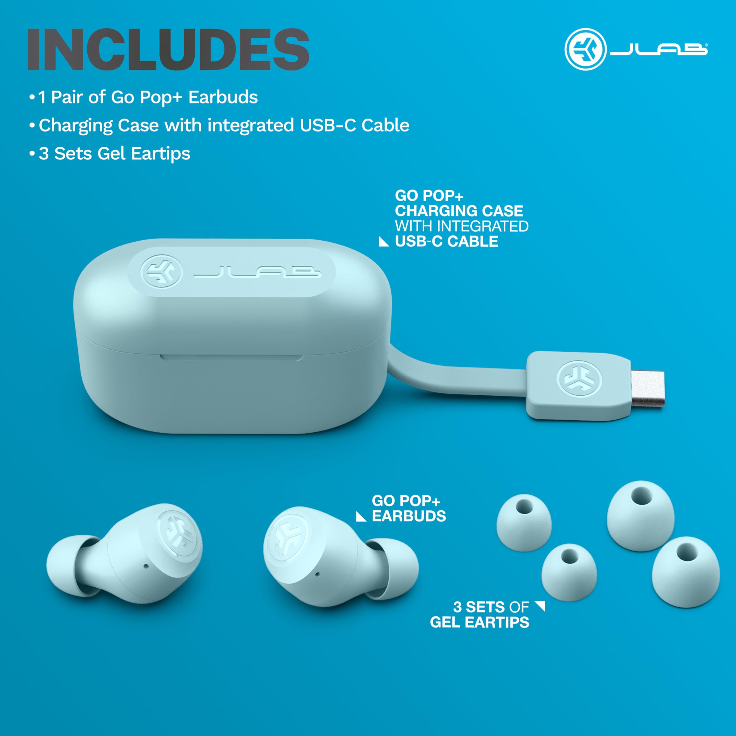 JLab Go Air Pop+ True Wireless Earbuds, in Ear Headphones, Bluetooth Earphones, 35H Playtime Ear Buds, Bluetooth Earbuds with Microphone, USB-C Charging Case, Dual Connect, EQ3 Sound, Light Blue