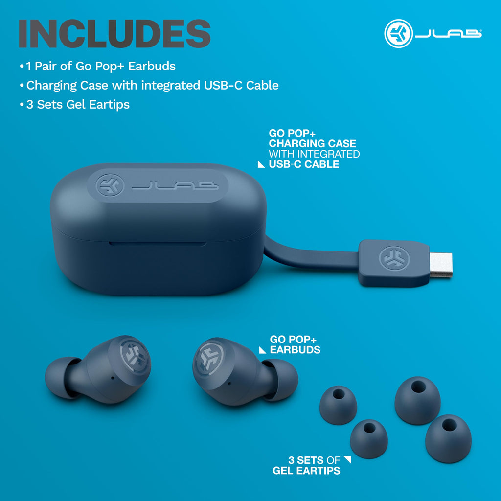 JLab Go Air Pop+ True Wireless Earbuds, in Ear Headphones, Bluetooth Earphones, 35H Playtime Ear Buds, Bluetooth Earbuds with Microphone, USB-C Charging Case, Dual Connect, EQ3 Sound, Light Blue