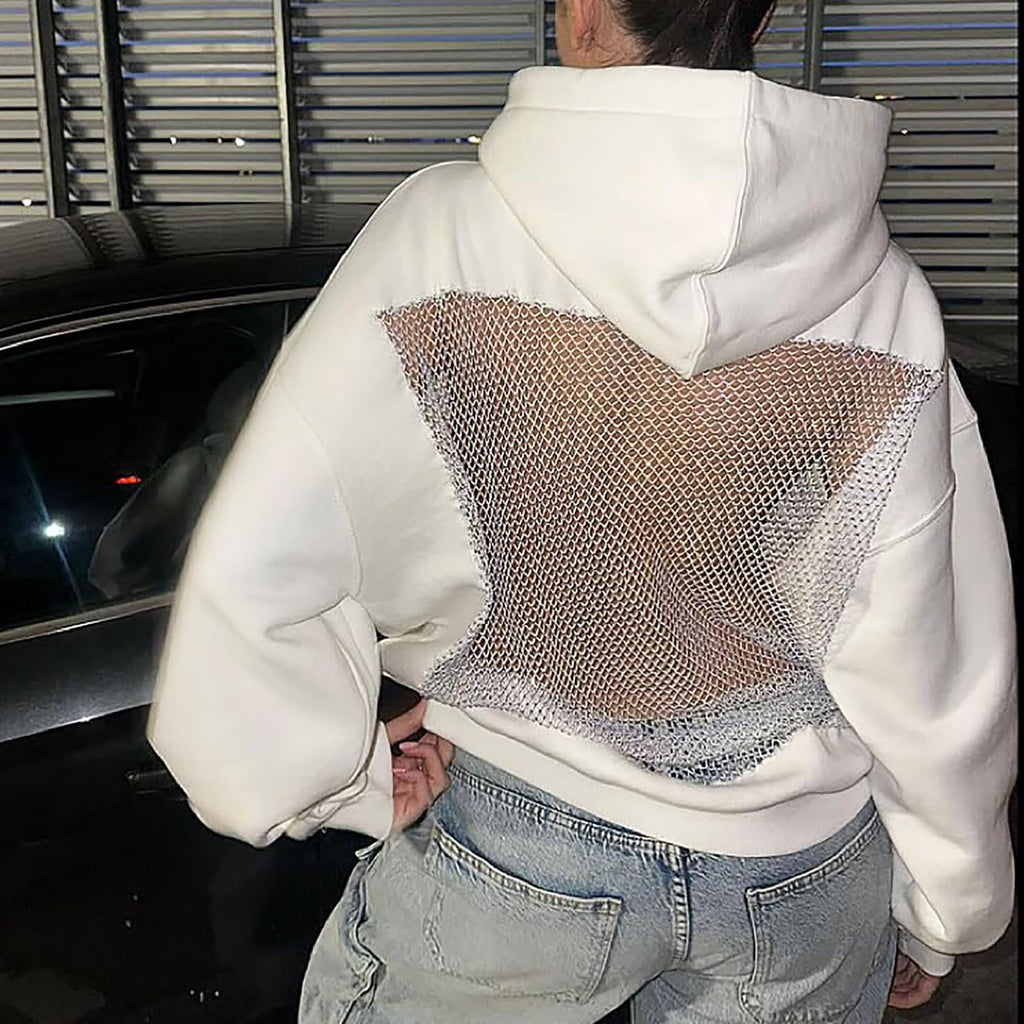 Womens Hoodies Backless See Through Sexy Hollow Mesh Back Oversized Long Sleeve Y2K Sweatshirts Streetwear Hoodie