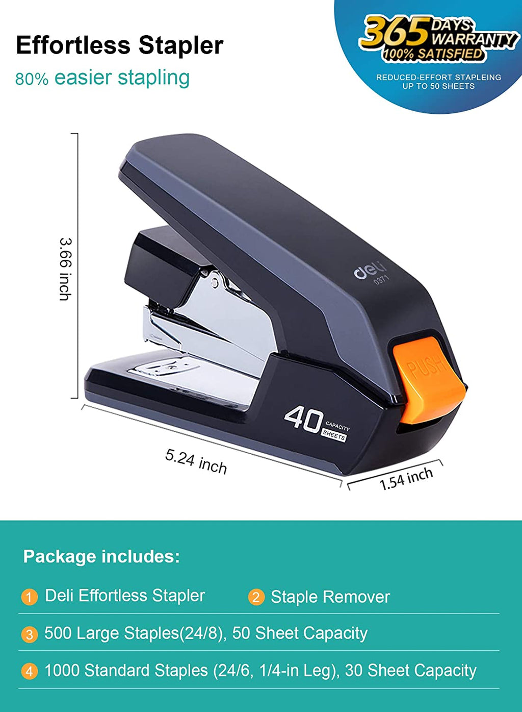 Deli Effortless Desktop Stapler, 40 Sheet Capacity, One Finger Touch Stapling, Easy to Load Ergonomic Heavy Duty Stapler, Includes 1500 Staples and Staple Remover