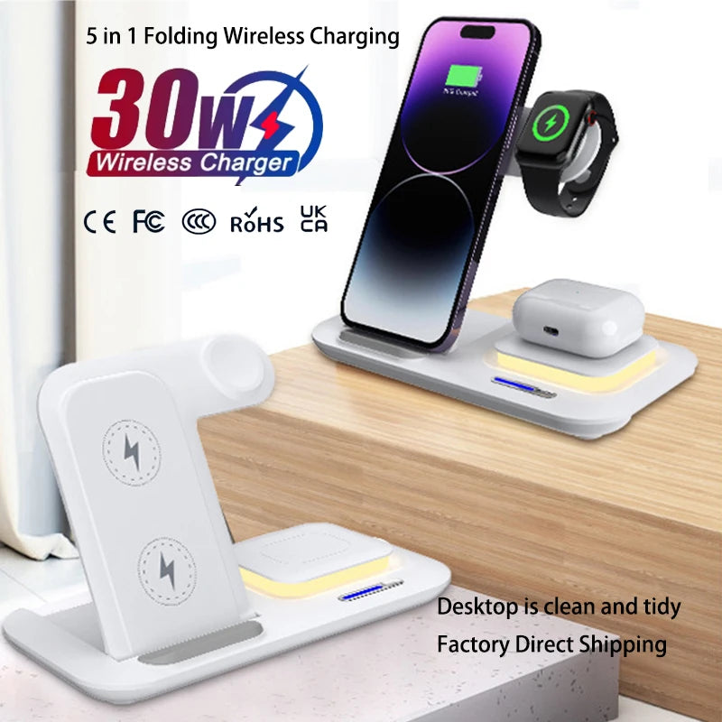 New 30W Charger Fast Smart Charging Multi Wireless 3 in 1 Foldable Wireless Charger Dock for iphone 17 16 15 14 Pro Max