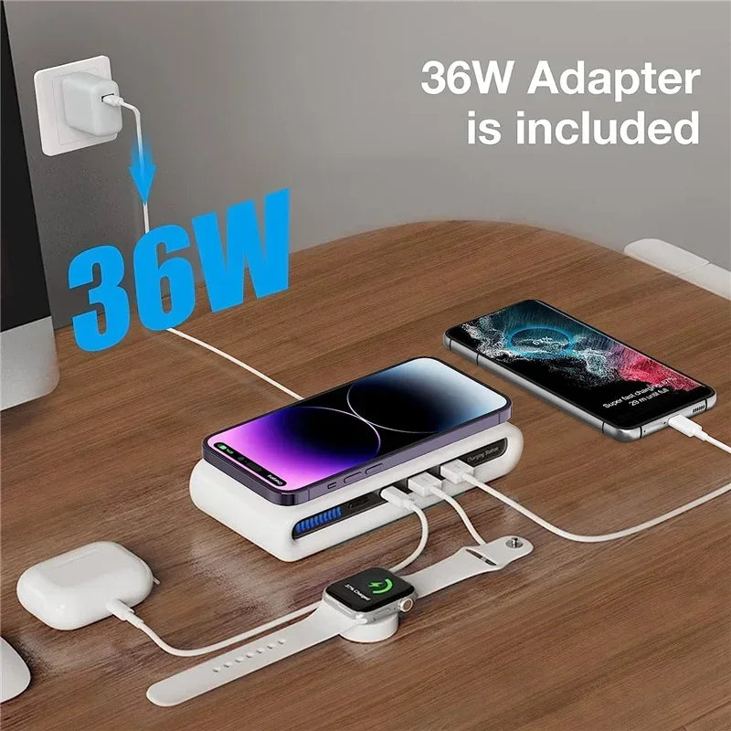 3-Port Chargers 4 in 1 Fast Charging Station Wireless Charger For iPhone 17 16 15 14 13 Dual USB PD Ports For Tablet Earphone