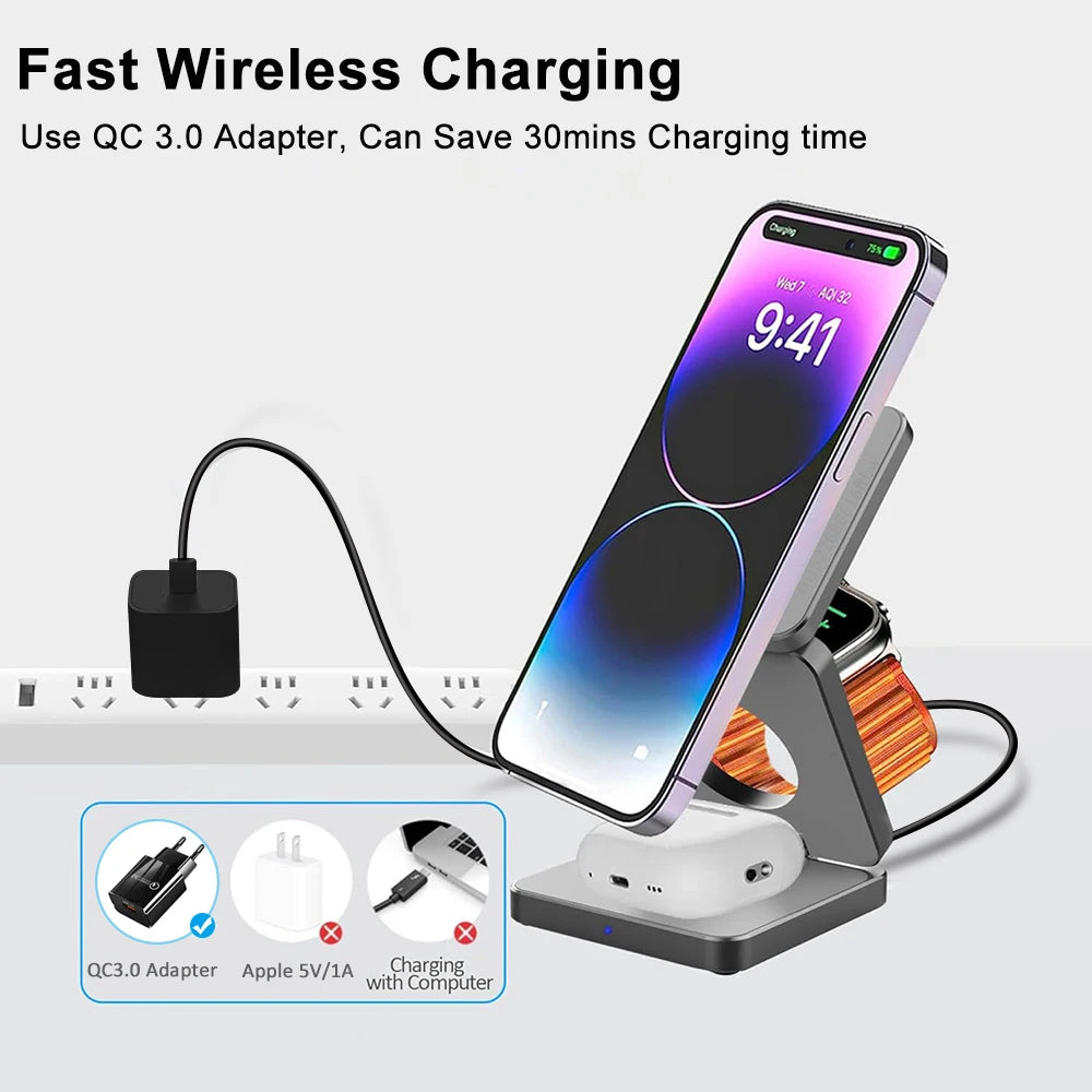 Wireless Charger for iPhone 3 in 1 Foldable Magnetic Wireless Charging Station for iPhone 15 14 13 12 Pro Max Charger Station
