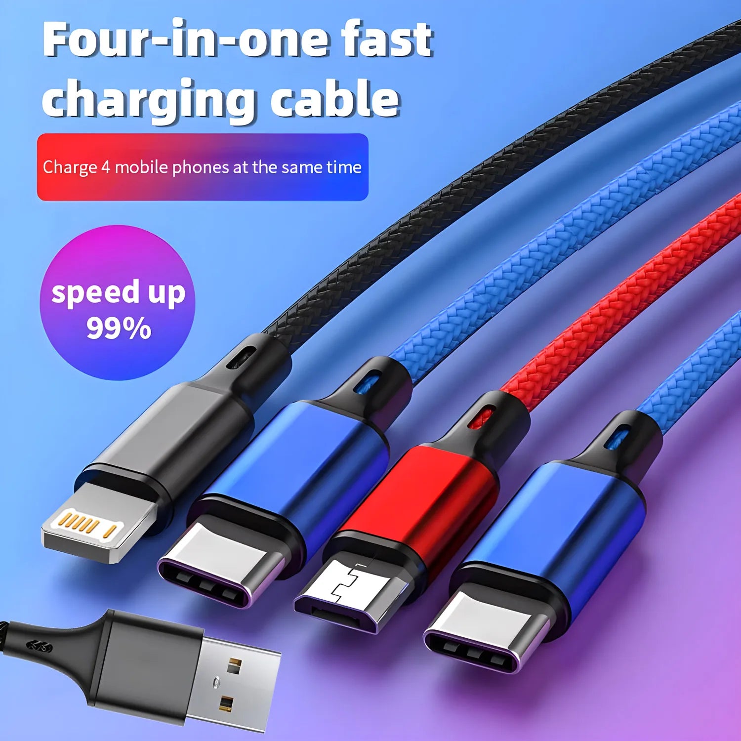 4 in 1 Multi Charger Cable For iPhone 15 14 13Pro Max Mini 3 in 1 Micro USB Type C Fast Charging Cable for Android iPhone Huawei