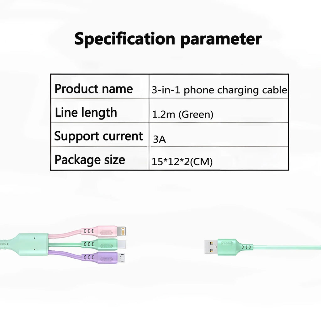 3 In 1 Fast Charging Cable For iPhone15 14 13 12 11 X Pro Max Micro USB Type-C Phone Charger USBC Data Cable