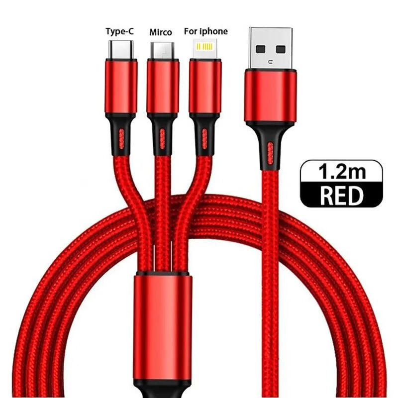3 in1 Charging Cable Multi Usb Port Multiple Usb Charging Cord Type C Micro Charger Mobile Phone Wire For iPhone 14 13 12 Xiaomi