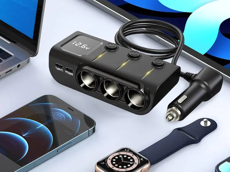 8-in-1 Car Charger – 3 Socket 12V/24V Adapter, QC3.0+PD36W Dual USB, LED Voltmeter, 3.3FT Cable  Car Accessories Interior