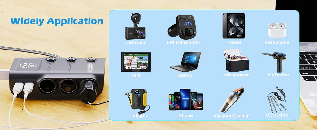 8-in-1 Car Charger – 3 Socket 12V/24V Adapter, QC3.0+PD36W Dual USB, LED Voltmeter, 3.3FT Cable  Car Accessories Interior