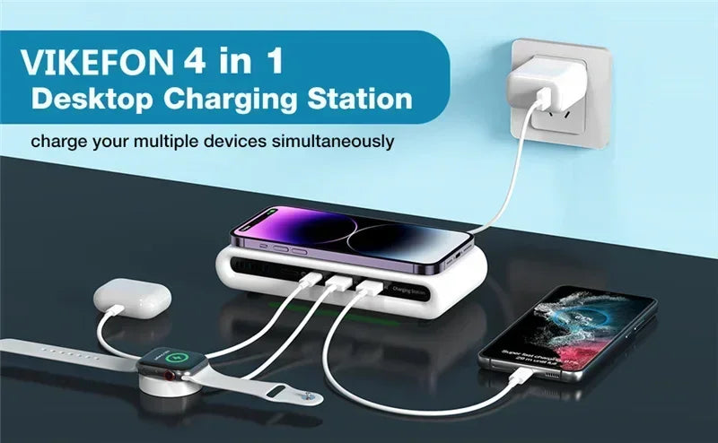 3-Port Chargers 4 in 1 Fast Charging Station Wireless Charger For iPhone 17 16 15 14 13 Dual USB PD Ports For Tablet Earphone