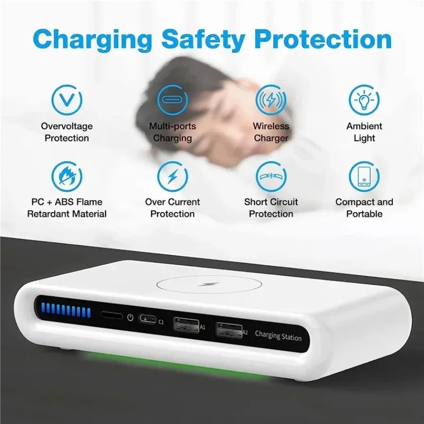 3-Port Chargers 4 in 1 Fast Charging Station Wireless Charger For iPhone 17 16 15 14 13 Dual USB PD Ports For Tablet Earphone