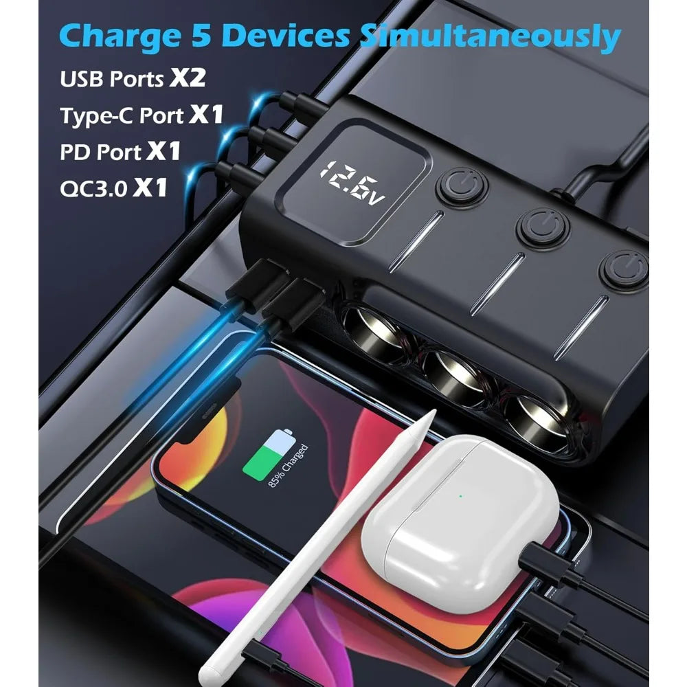 8-in-1 Car Charger – 3 Socket 12V/24V Adapter, QC3.0+PD36W Dual USB, LED Voltmeter, 3.3FT Cable  Car Accessories Interior