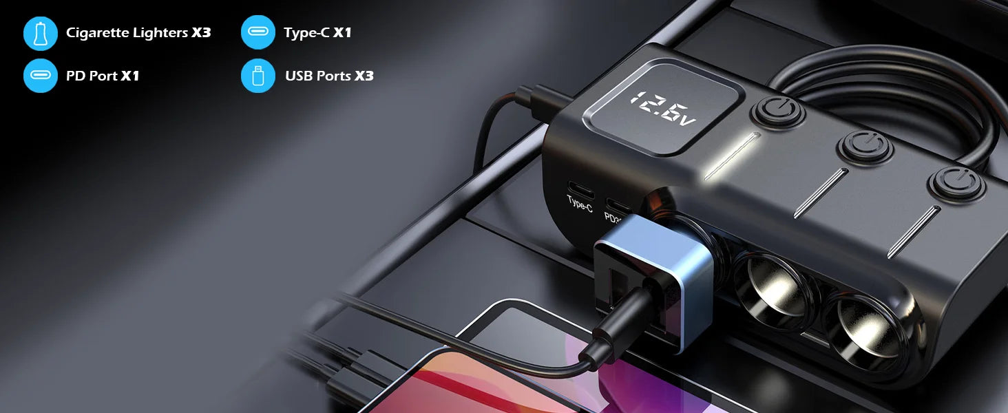 8-in-1 Car Charger – 3 Socket 12V/24V Adapter, QC3.0+PD36W Dual USB, LED Voltmeter, 3.3FT Cable  Car Accessories Interior