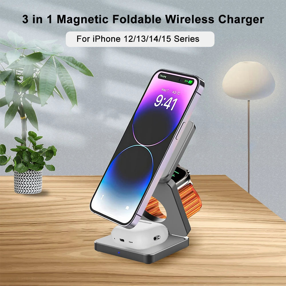 Wireless Charger for iPhone 3 in 1 Foldable Magnetic Wireless Charging Station for iPhone 15 14 13 12 Pro Max Charger Station