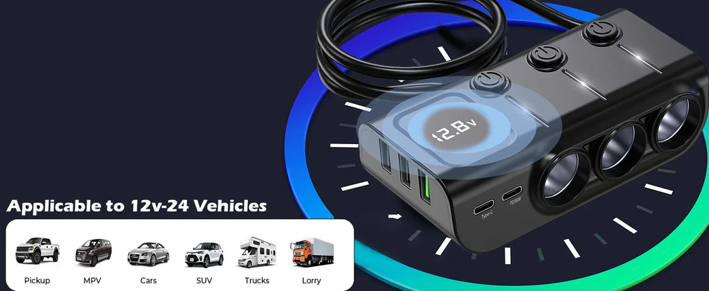 8-in-1 Car Charger – 3 Socket 12V/24V Adapter, QC3.0+PD36W Dual USB, LED Voltmeter, 3.3FT Cable  Car Accessories Interior