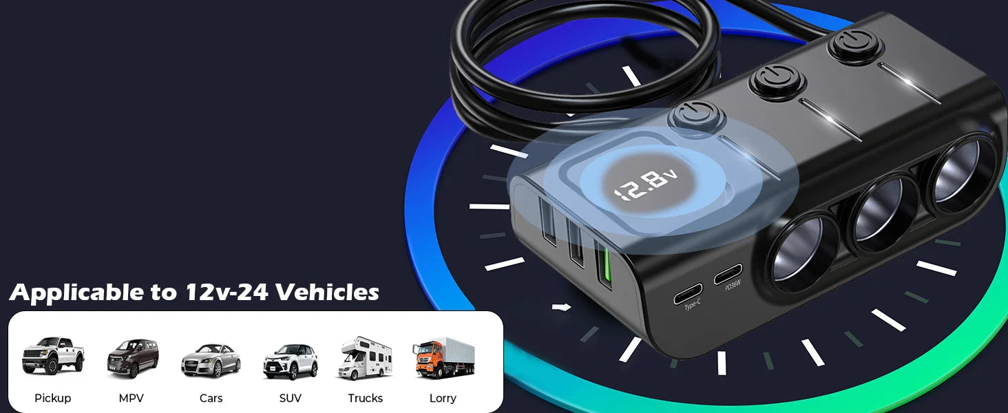 8-in-1 Car Charger – 3 Socket 12V/24V Adapter, QC3.0+PD36W Dual USB, LED Voltmeter, 3.3FT Cable  Car Accessories Interior