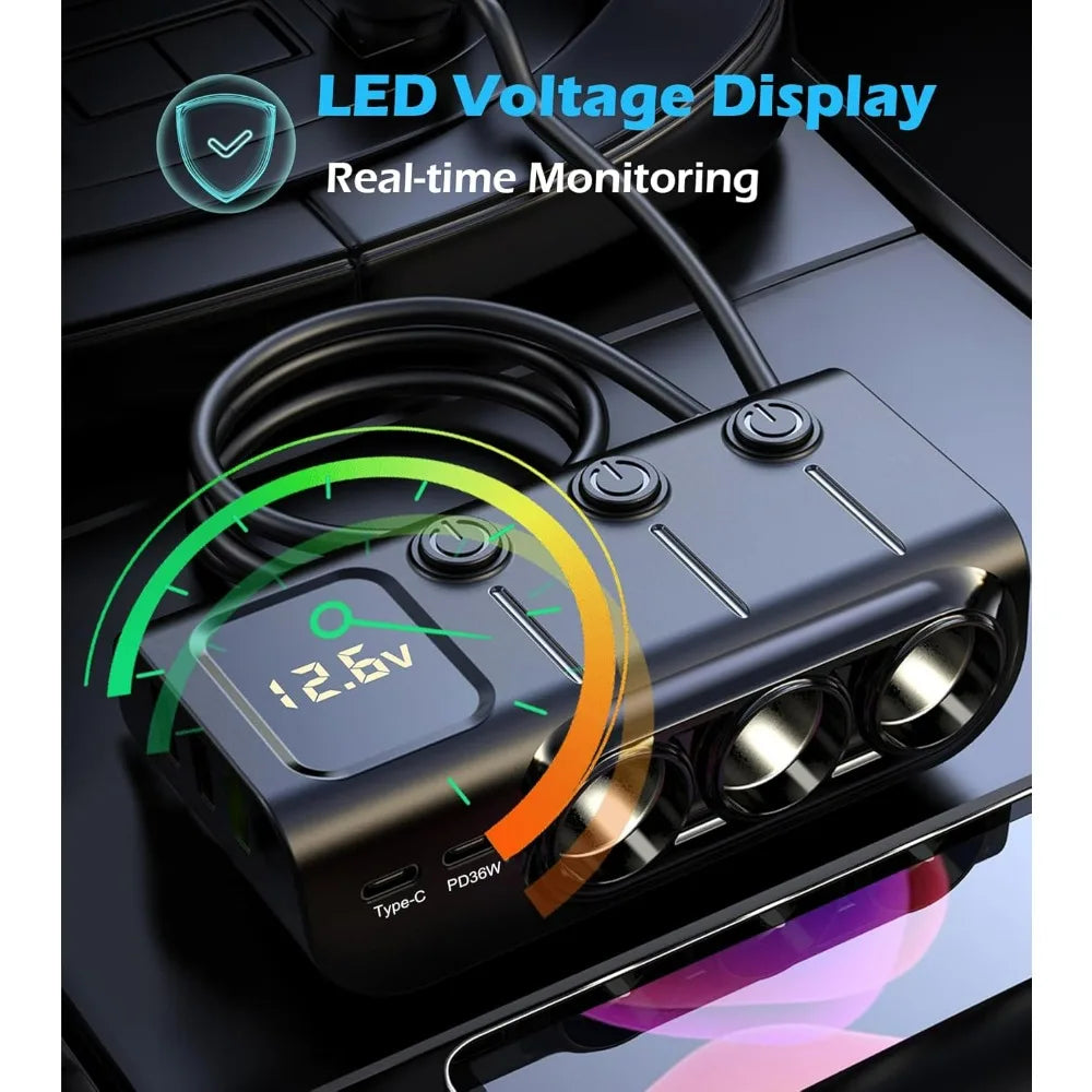 8-in-1 Car Charger – 3 Socket 12V/24V Adapter, QC3.0+PD36W Dual USB, LED Voltmeter, 3.3FT Cable  Car Accessories Interior