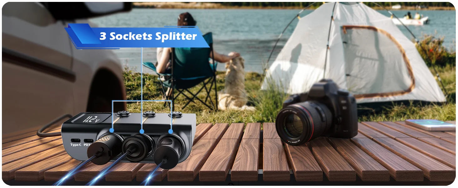 8-in-1 Car Charger – 3 Socket 12V/24V Adapter, QC3.0+PD36W Dual USB, LED Voltmeter, 3.3FT Cable  Car Accessories Interior