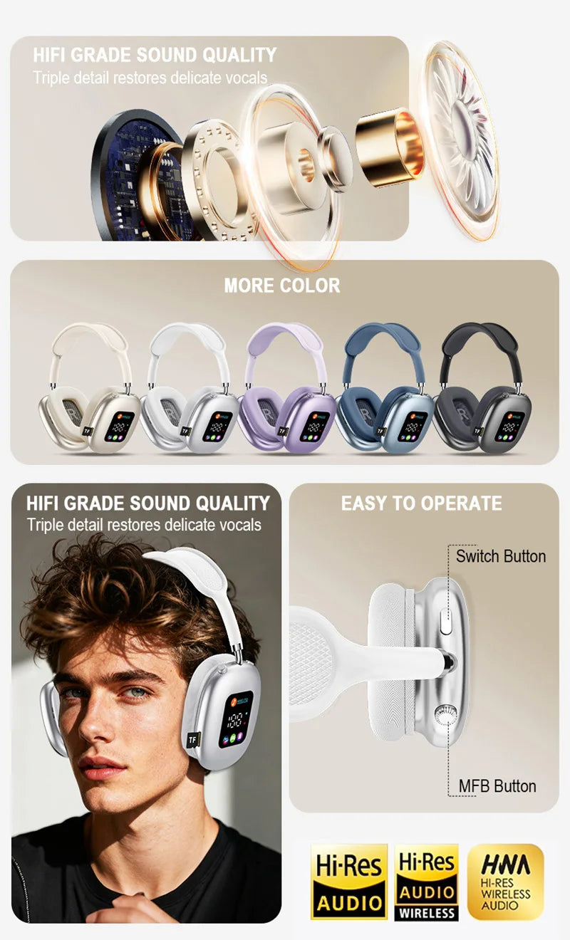 Wireless Bluetooth Headset with RGB Digital Display Screen Card Reader Headset Long Battery life High-fidelity Earphones