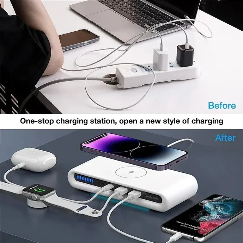 3-Port Chargers 4 in 1 Fast Charging Station Wireless Charger For iPhone 17 16 15 14 13 Dual USB PD Ports For Tablet Earphone